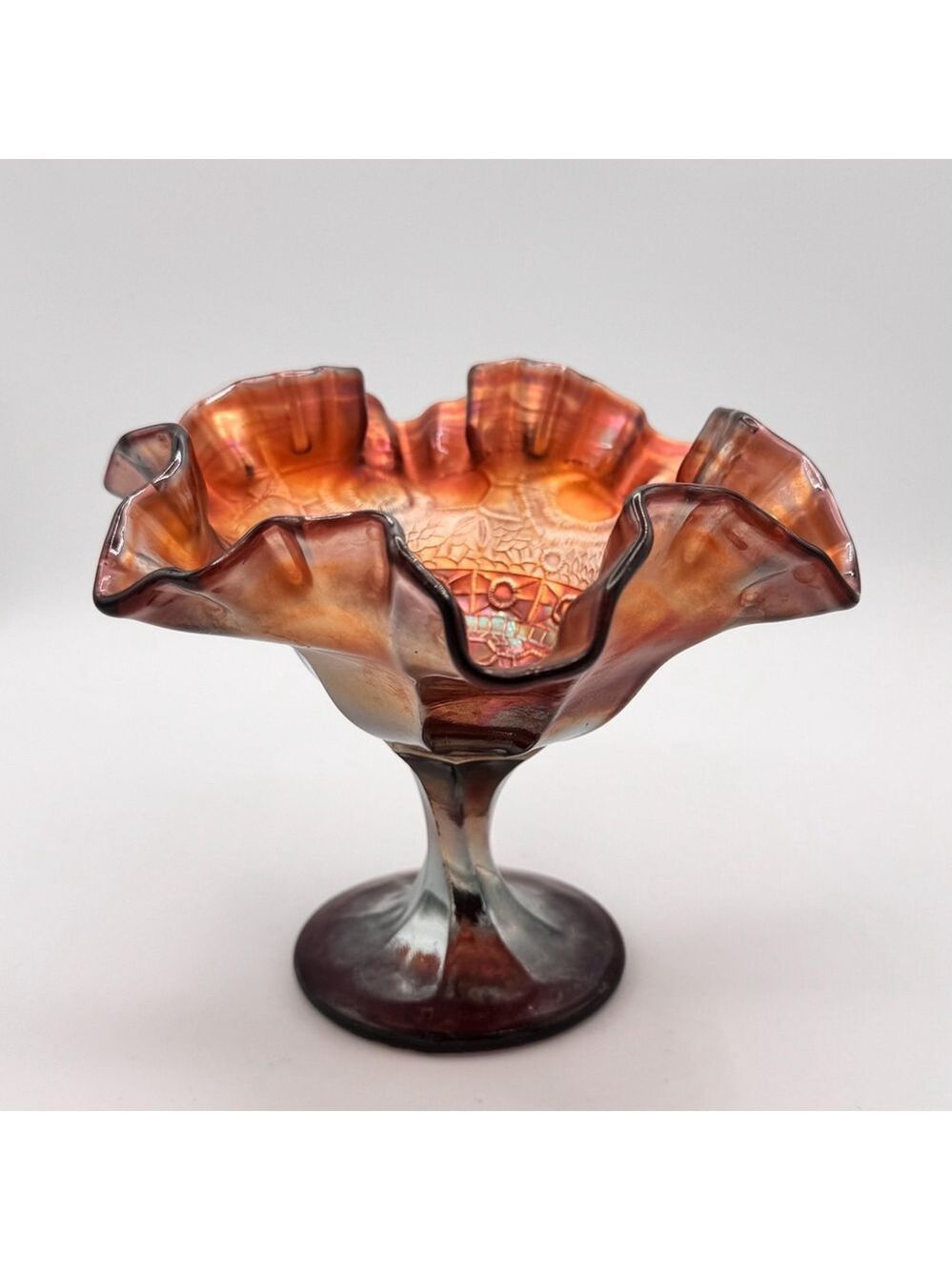 Antique Dugan Marigold with Amethyst Oil Slick Carnival Glass Ruffle – 5” Tall